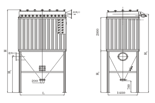 計(jì)算的脈沖布袋除塵器尺寸圖